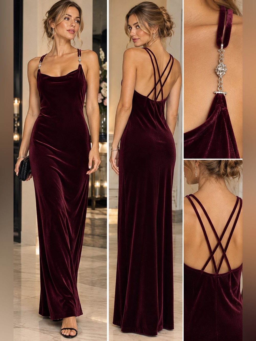 Scarlet Brand Burgundy Velvet Scoop Neck Maxi Dress